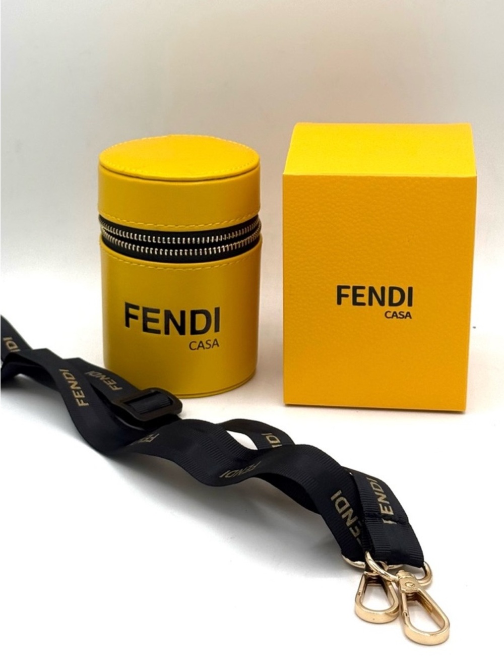 Fendi Casa Yellow Leather Travel Pouch with Black Logo Strap